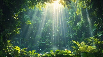 Obraz premium A lush forest with sunlight filtering through the trees, calm and peaceful, promoting nature and sustainability, vibrant greens and natural beauty
