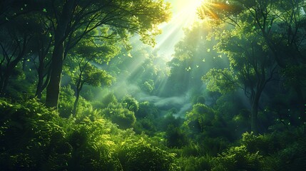 Obraz premium A lush forest with sunlight filtering through the trees, calm and peaceful, promoting nature and sustainability, vibrant greens and natural beauty