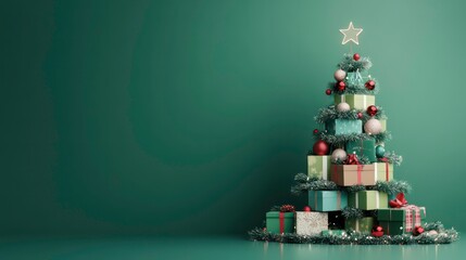 A festive Christmas tree adorned with ornaments and gifts, creating a joyful holiday atmosphere.