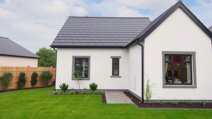 Modern White House with Black Roof and Lush Green Yard - Perfect for Cozy Living