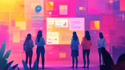 Five women stand in front of a large screen displaying various charts and graphs. They are looking at the screen with interest and engagement.