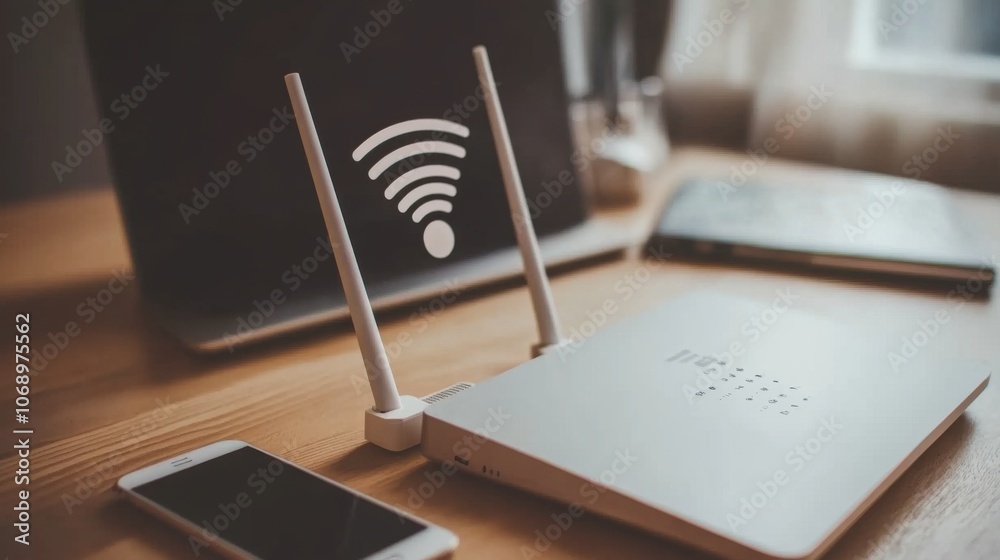Aufkleber Modern Workspace with Router and Wireless Signal Icon