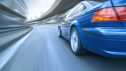 Speeding Blue Car on a Curved Roadway