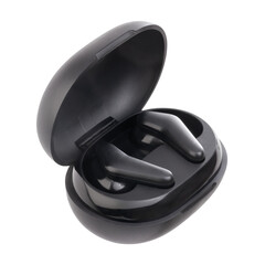 black earphones inside the case isolated on white background suitable for listening to music or...