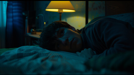 Man lying in bed with wide-open eyes, showing deep concern and fatigue, unable to sleep in dimly lit room with soft glow from nightstand lamp.