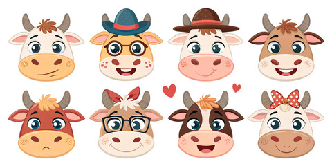 Fototapeta premium eight different funny cute cow heads isolated on transparent background