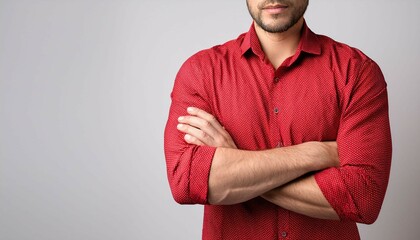 man with arms crossed in red shirt