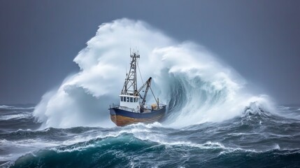 Obraz premium Fishing Boat Battling Stormy Ocean Waves