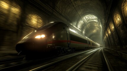 Obraz premium Fast Train in Dark Tunnel with Dramatic Lighting