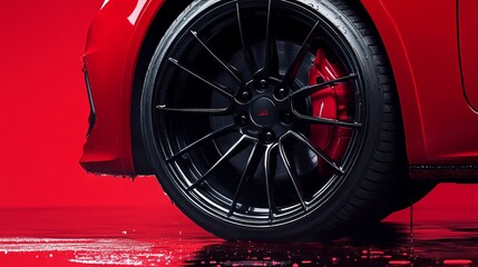 Promotional poster featuring a sleek black rubber tire and engine oil.