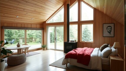 Fototapeta premium Experience Modern Living in a Spacious Wooden Home with Large Windows and Cozy Bedroom