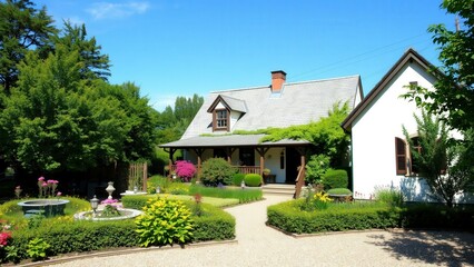 Charming White Cottage with Lush Garden under Clear Blue Sky - Perfect for Real Estate Advertising or Home Decor Inspiration