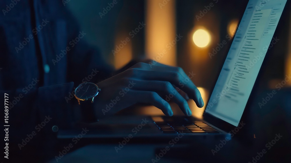 Poster a person typing on a laptop in a dimly lit environment, suggesting focus and productivity.