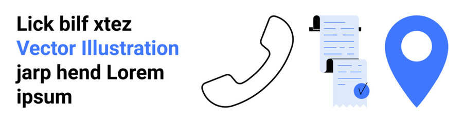 Phone icon, paper checklists with pens, blue map pin icon. Ideal for business communication, contact pages, customer service, task management, navigation, corporate presentations, online directories