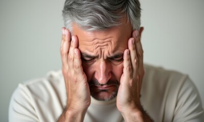 Fototapeta premium Image of a man struggling with overwhelming thoughts, showcasing vulnerability. 