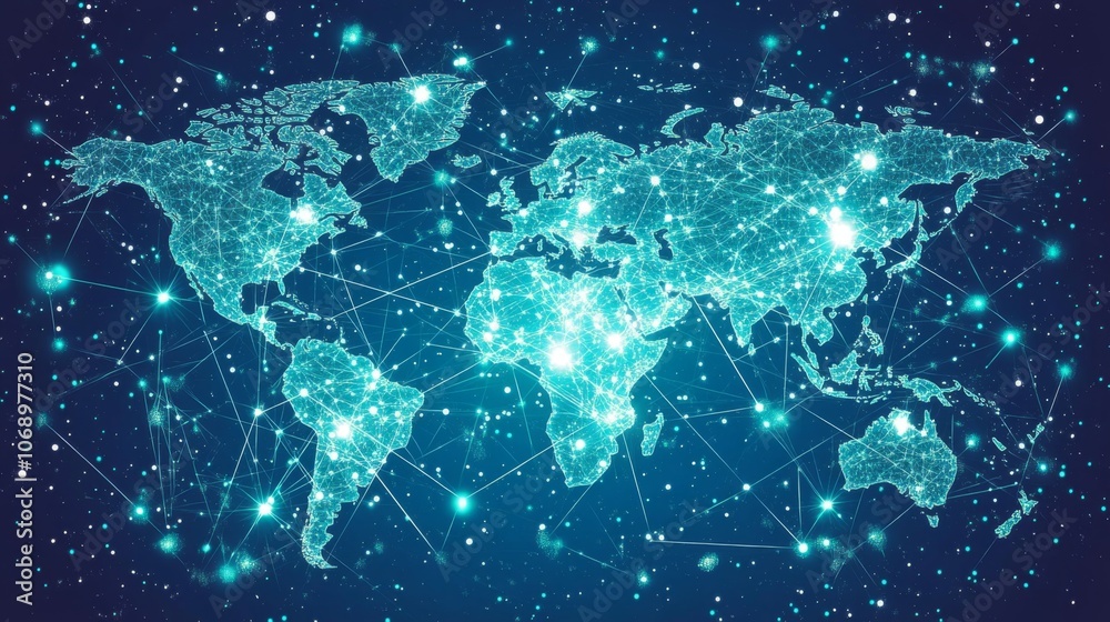 Poster global digital network map with bright connections