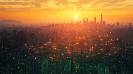 Fototapeta premium Smart City Network: Dawn Metropolis, Orange Sunset, Urban Grid
