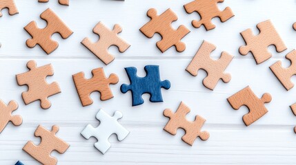 Obraz premium Wooden Puzzle Pieces on White Background Teamwork Strategy Solution Success