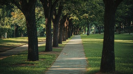 Uniform tree-lined walkway, serene park atmosphere, inviting path for leisurely strolls, enhances natural beauty, promotes relaxation and tranquility