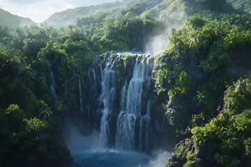 Fototapeta premium Vue par drone d'une cascade pittoresque entourée d'une jungle dense..