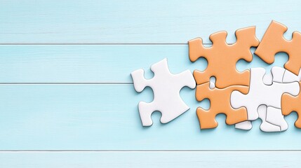 Obraz premium Blue Wooden Background with Puzzle Pieces Teamwork Solution and Strategy Concept