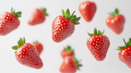 Floating strawberries on a white background.