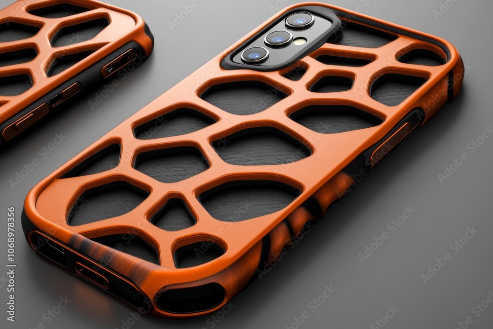 Poster A 3D illustration of a phone case with a textured design, showing different angles to highlight its intricate details