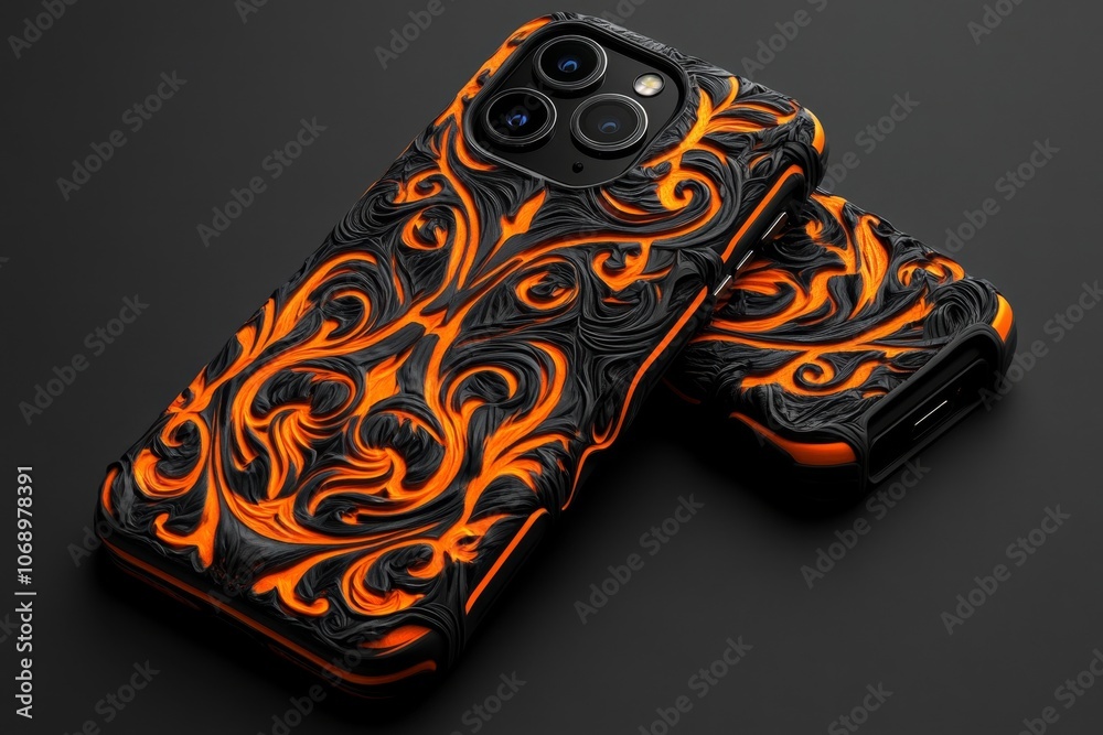 Poster A 3D illustration of a phone case with a textured design, showing different angles to highlight its intricate details