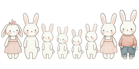 Row of cute pastel bunnies in varying sizes and colors, on a transparent background.