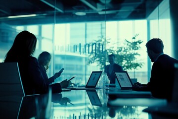 Corporate team is having a meeting in a modern boardroom, reviewing financial data and discussing business strategy