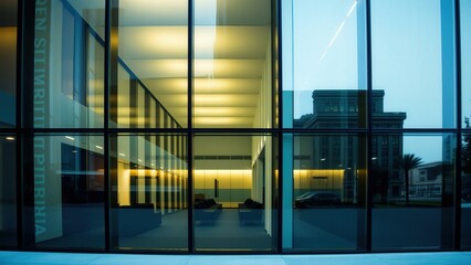 Modern Architectural Marvel: Glass Facade Office Building at Dusk, Reflections and Lighting