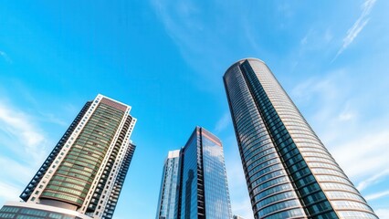 Fototapeta premium Towering Skyscrapers Against Clear Blue Sky: Modern Architecture for Urban Landscapes
