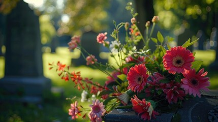 Cemetery Headstones. Flowers on a Tombstone in an Ancient American Cemetery