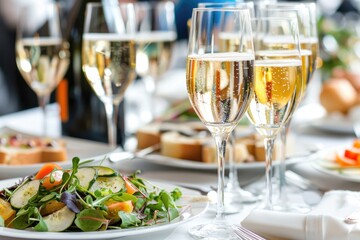 Champagne Food. Dinner Catering with Wine Glasses on Elegant Table Setting