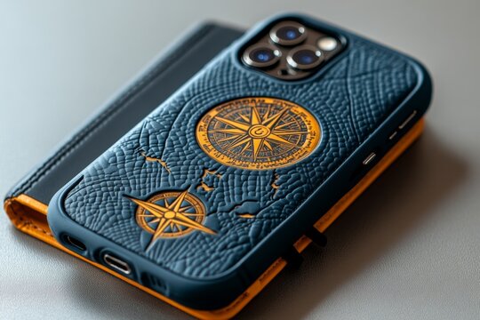 A custom phone case with a travel theme, including a world map and compass design, lying on top of a travel journal