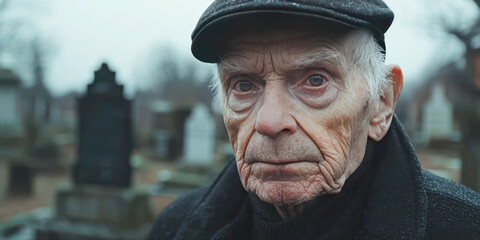 Elderly man with a solemn expression wearing a black cap and coat, standing in a cemetery on a cloudy day.