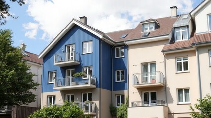 Charming Blue and Beige Apartment Building with Balconies and Lush Greenery, Perfect for Real Estate Advertising