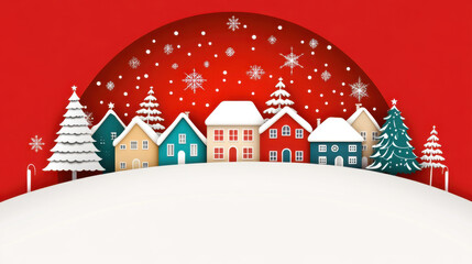 Fototapeta premium Christmas Celebration, Charming village scene with colorful houses, snow covered trees, and festive snowflakes. Perfect for holiday themes and winter celebrations