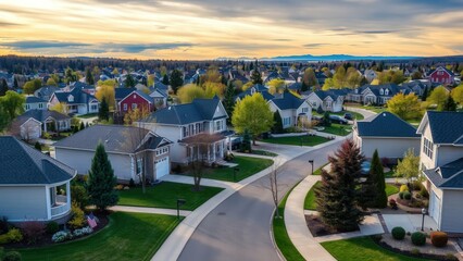 Fototapeta premium Experience Serene Living in a Picturesque Suburban Neighborhood at Sunset