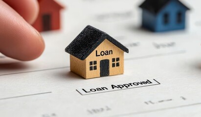 Artistic depiction of a hand holding a miniature house above a document stamped "Loan Approved" with interest terms outlined