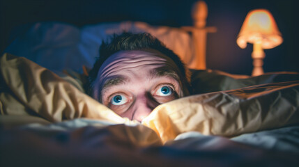 Man lying in bed with wide-open eyes, showing deep concern and fatigue, unable to sleep in dimly lit room with soft glow from nightstand lamp.