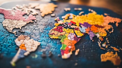 Naklejka premium Colorful World Map Puzzle on a Tabletop