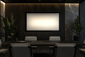 Modern conference room with a large screen and plants, designed for meetings.