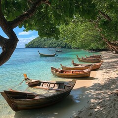 Obraz premium Serene Tropical Beach with Traditional Boats