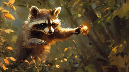 Fototapeta premium Playful Raccoon in a Vibrant Forest Setting