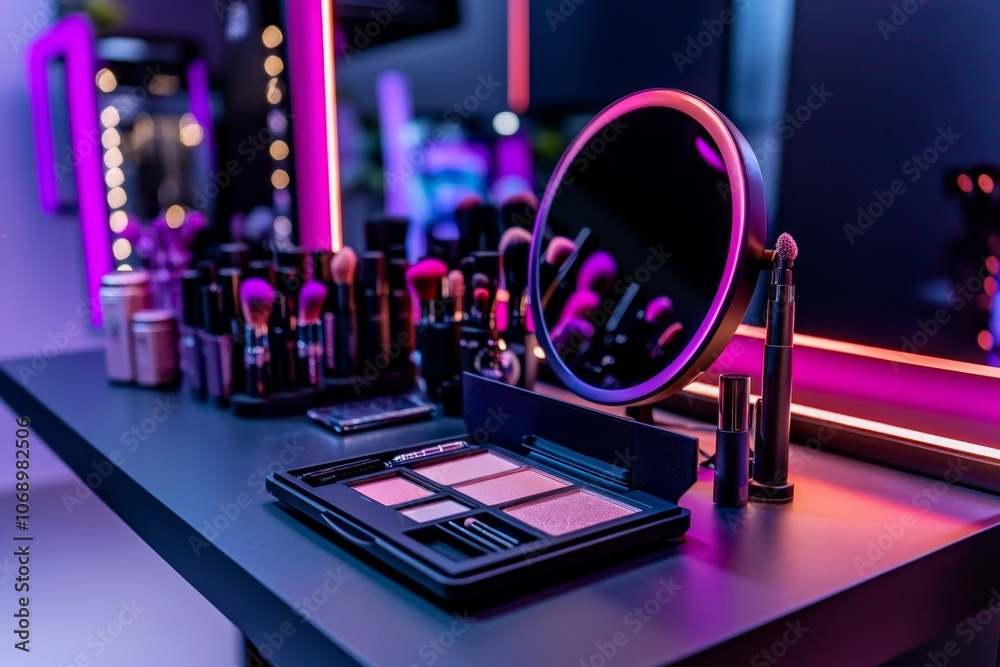 Poster a high-tech vanity with holographic displays of skincare routines and virtual try-on makeup, showing