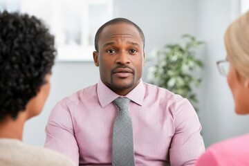 Visualization of a mortgage lender discussing fixed and adjustable loan terms with a couple in an office, Lender discussing loan terms with clients, Friendly and supportive
