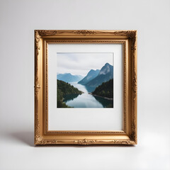 A picture frame with a scenic photo on a white background 