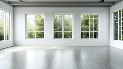 Spacious empty room with large windows overlooking green trees, featuring gray wooden floor and white walls, creating a bright and open interior space.