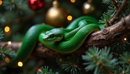 Fototapeta premium Green snake resting on a branch of the Christmas tree among holiday decorations in a festive atmosphere